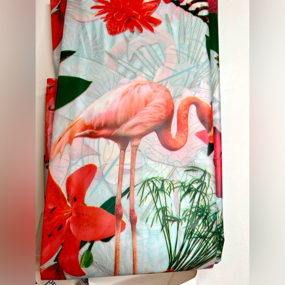 Flamingos & Tropical Flowers Peva Shower Curtain Hibiscus Orchids Bright Red - Picture 12 of 14
